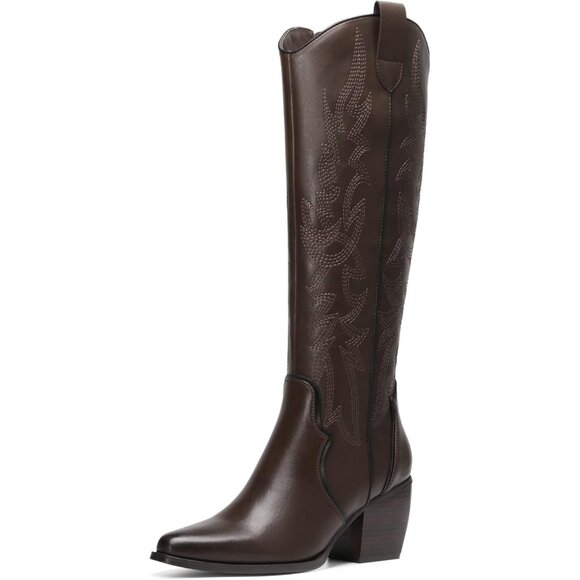 DREAM PAIRS Womens Brown Cowboy Boots Wide Calf Knee High Ladies - Picture 1 of 8